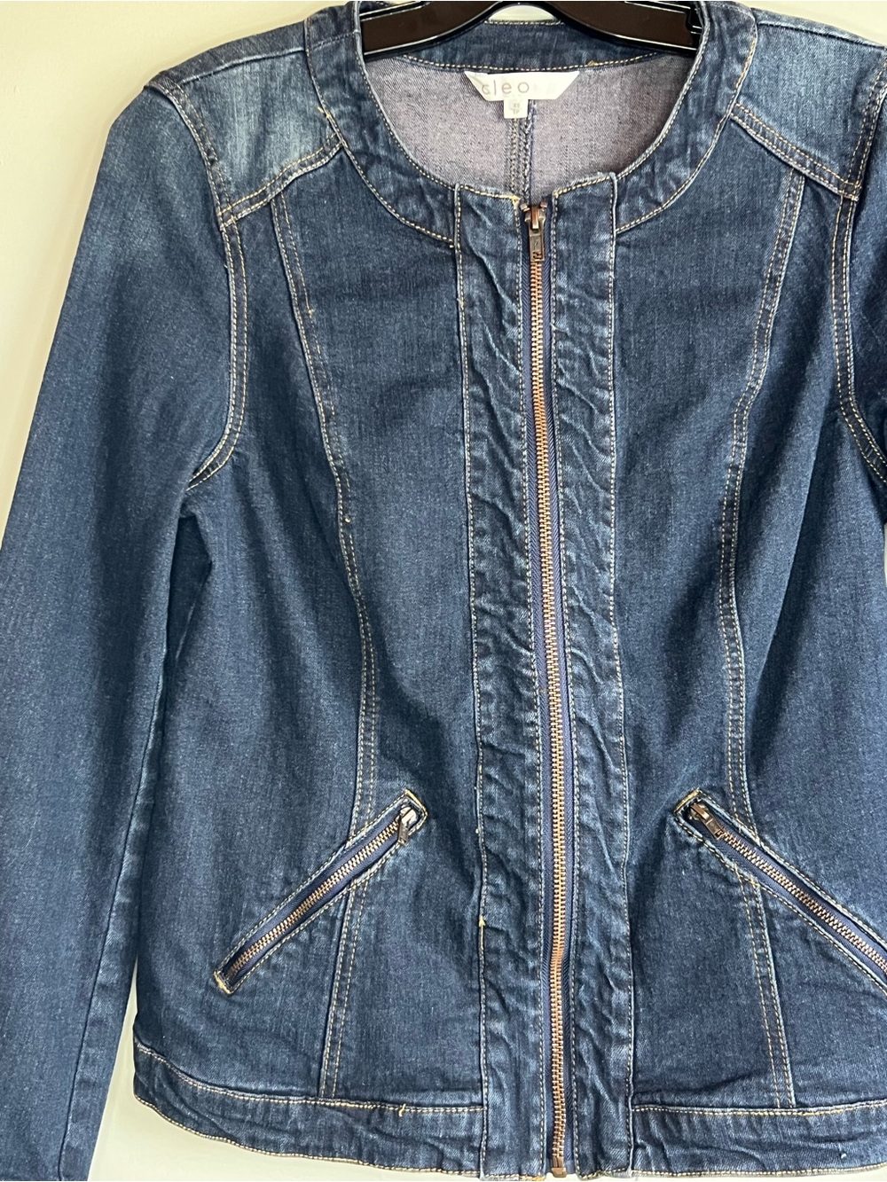 Cleo Denim Jacket Womens XS Dark Wash Zip Front Stretch Fitted - Picture 3 of 10